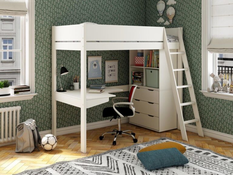 White high sleeper bed with ladder, desk, drawers and shelving