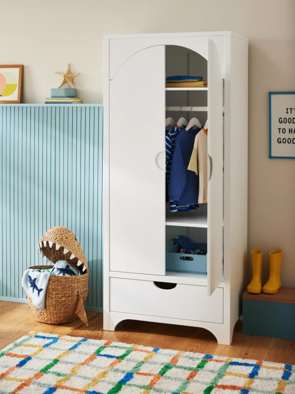 White 2-door wardrobe with lower drawer