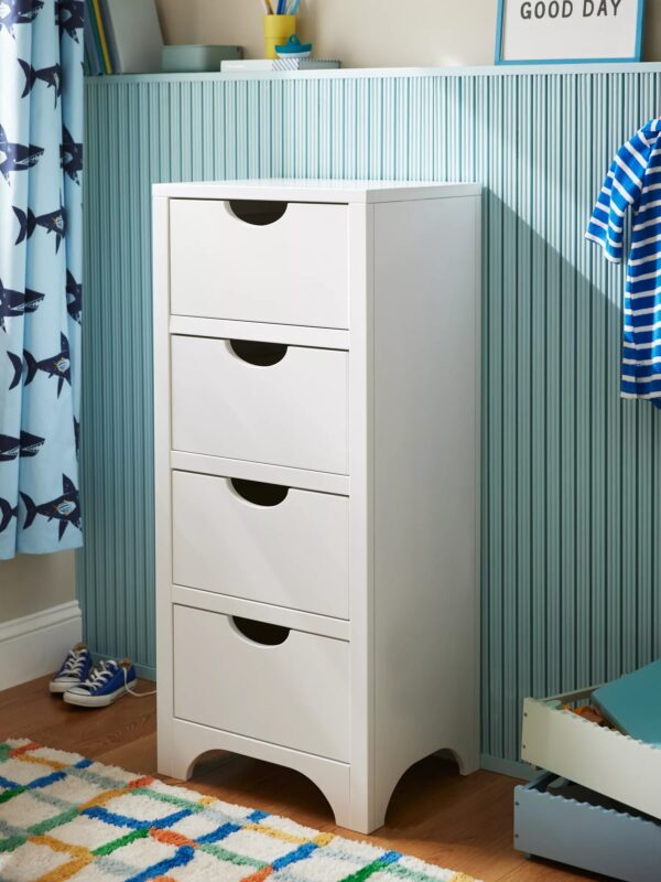 Tall white 4-drawer chest with cut-out handles