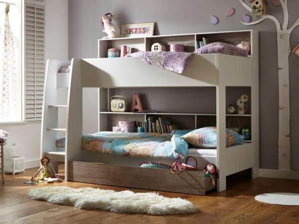 Modern bunk bed with shelving and lower drawer