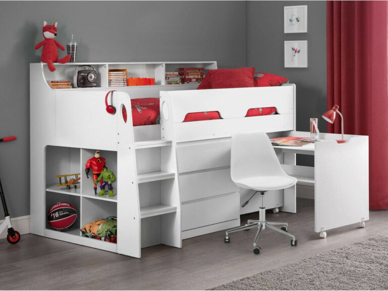 White mid-sleeper bed frame with storage and desk