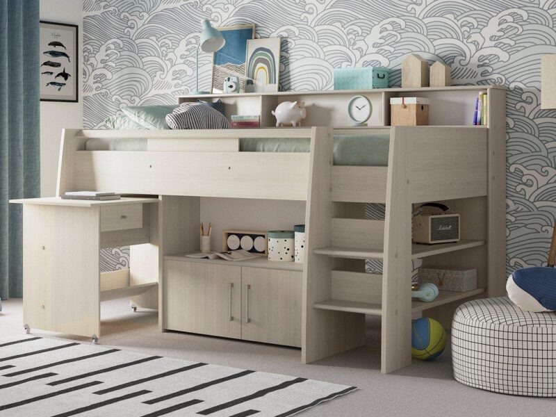 Cabin bed with fixed ladder, cupboard, shelving and a desk