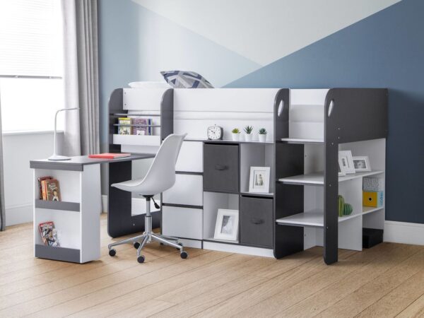 Black/white mid-sleeper bed frame with storage and desk