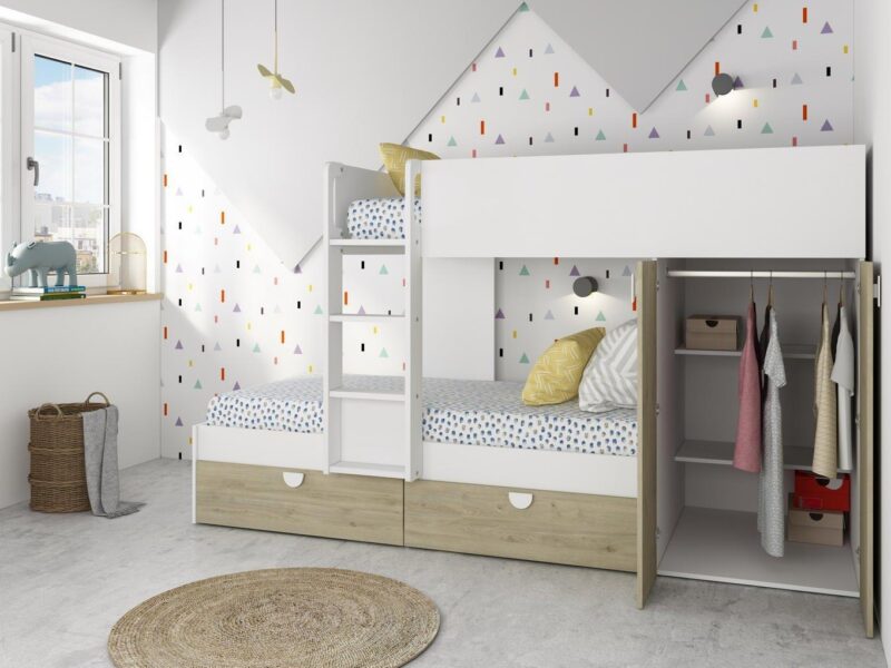 Two-tone finish bunk bed with combined wardrobe and drawers