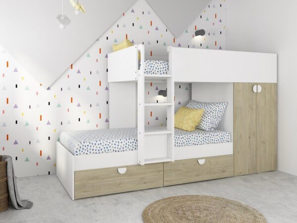 Offset design bunk bed with drawers and wardrobe built-in