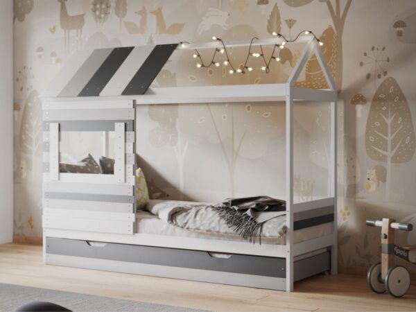 Grey and white house-style bed