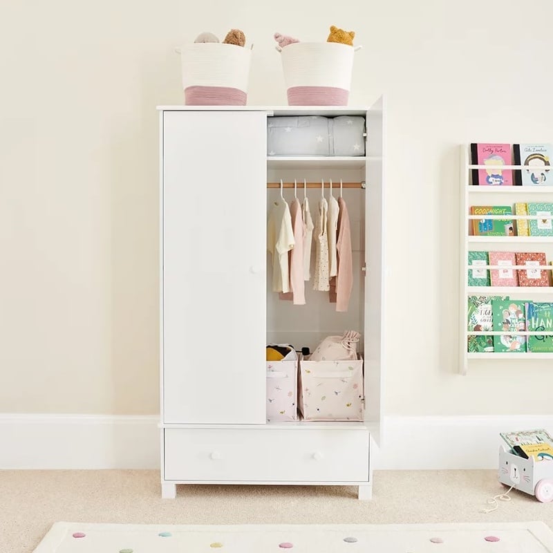 2-door white-painted wardrobe with drawer