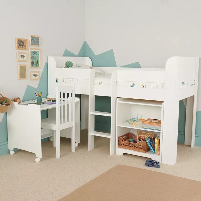 White painted mid sleeper with storage and desk