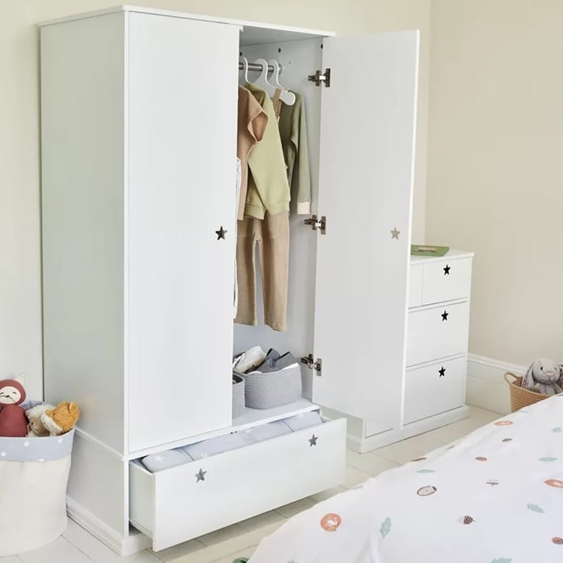 2 door white-painted wardrobe with drawer and star cut-out handles