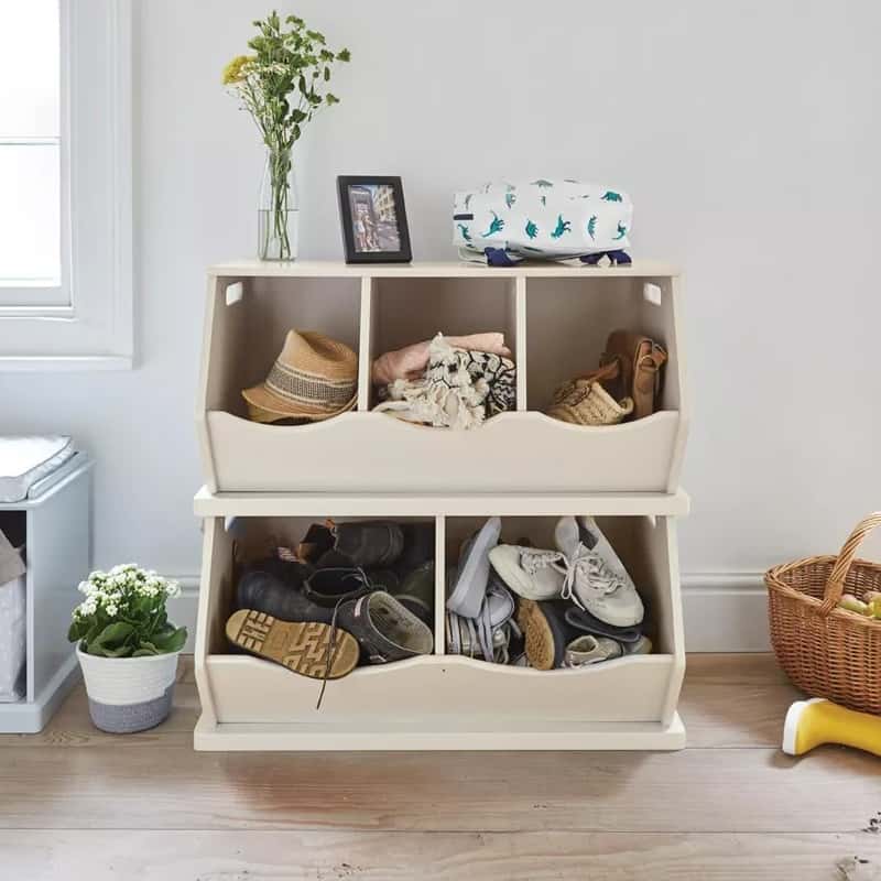 Triple stacking storage trunks with an oatmeal grey finish