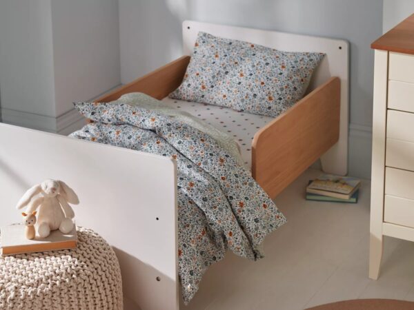 Toddler bed with two-tone natural wood and white finish