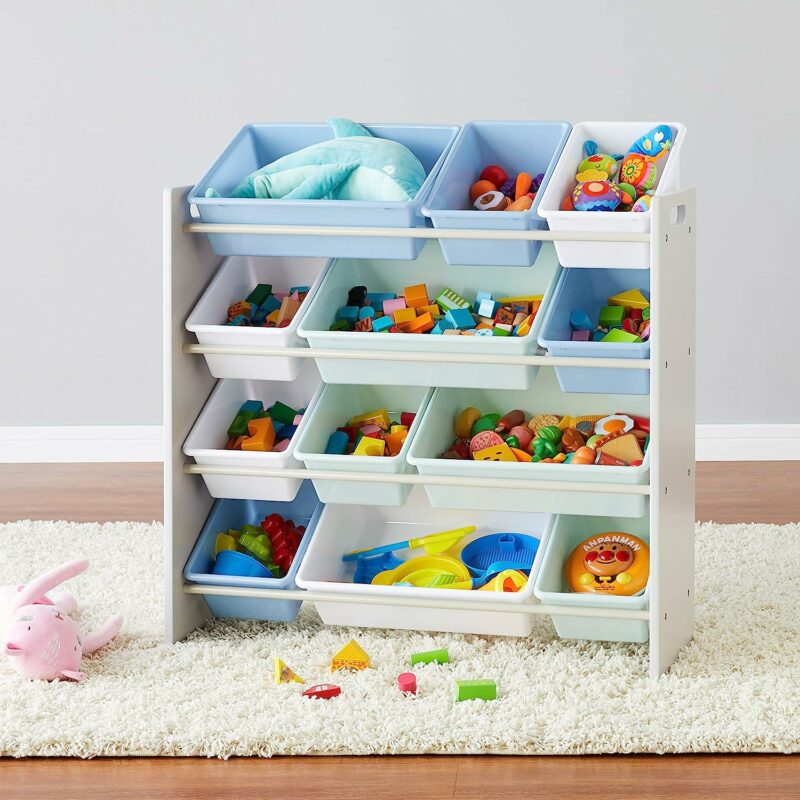 4-tier toy storage with grey frame and blue storage bins