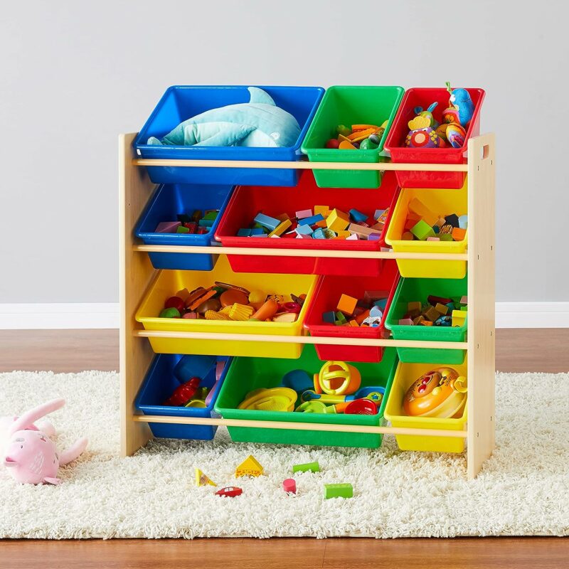 4-tier toy sorter with natural frame and brightly coloured storage containers