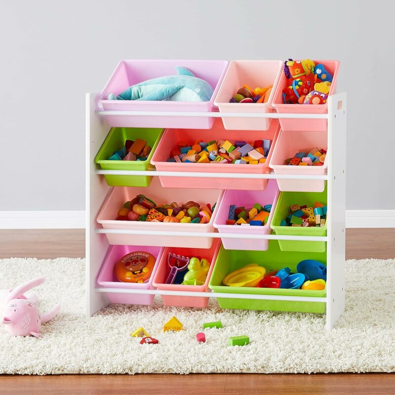 White frame 4 tier organiser with pink bins