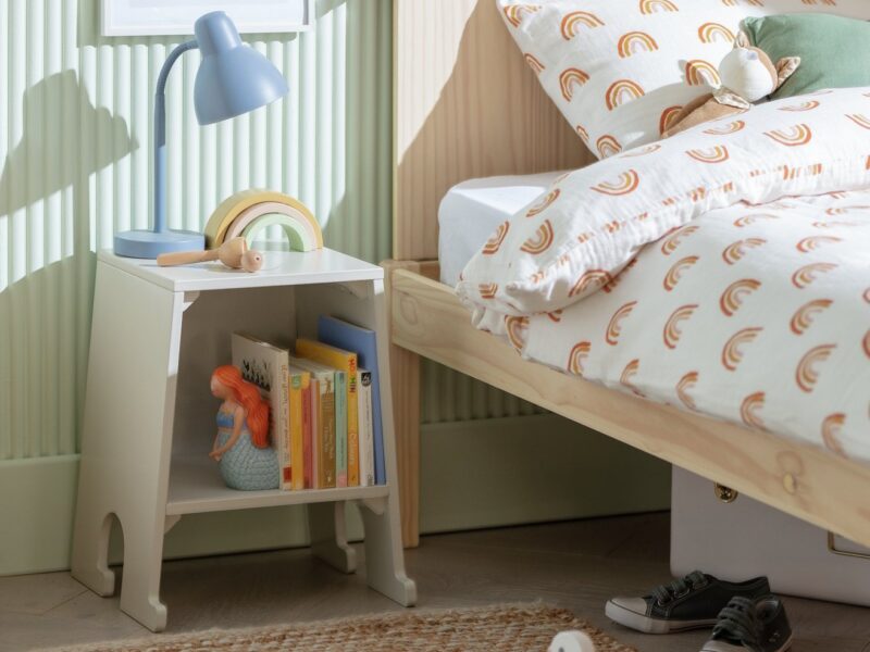 Kid's bedside table with open storage shelf and putty grey finish