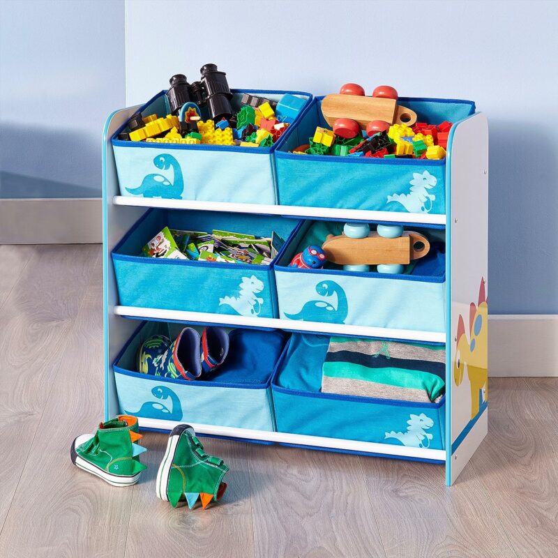 Dinosaur-themed toy storage unit with 6 canvas drawers