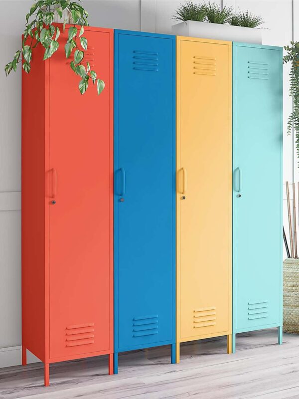 Tall metal cabinets with orange, blue, yellow and turquoise finishes