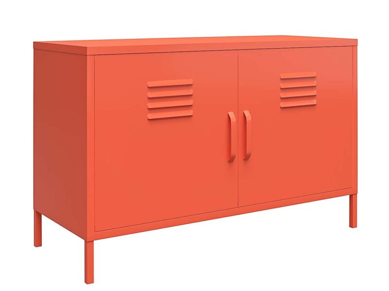 Orange painted locker-style cabinet with two doors