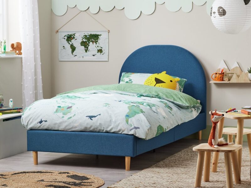 Child's single bed frame with blue fabric upholstery