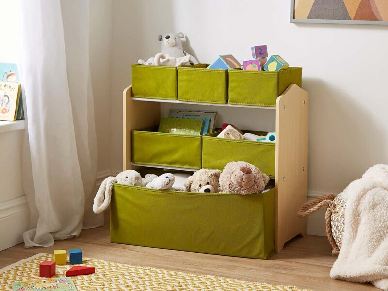 3-tier toy storage unit with green fabric boxes