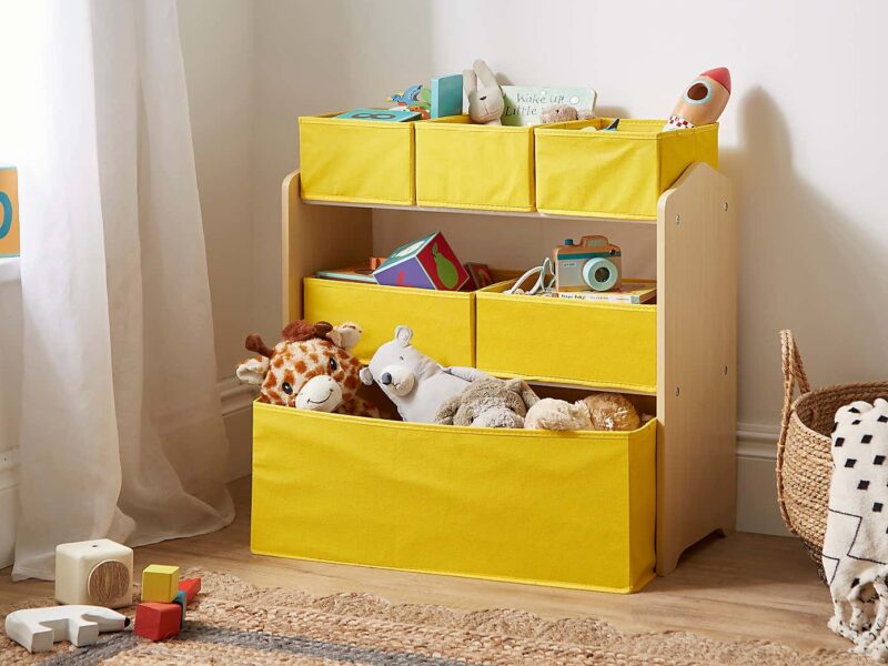 3-tier toy sorter with yellow fabric bins