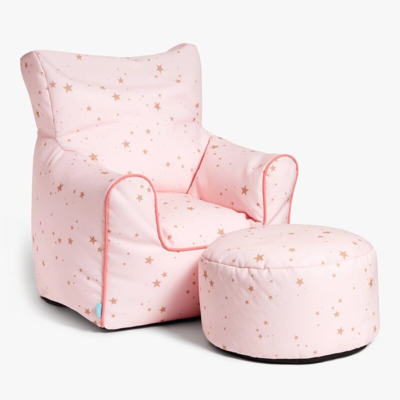 Pink bean bag chair with matching stool