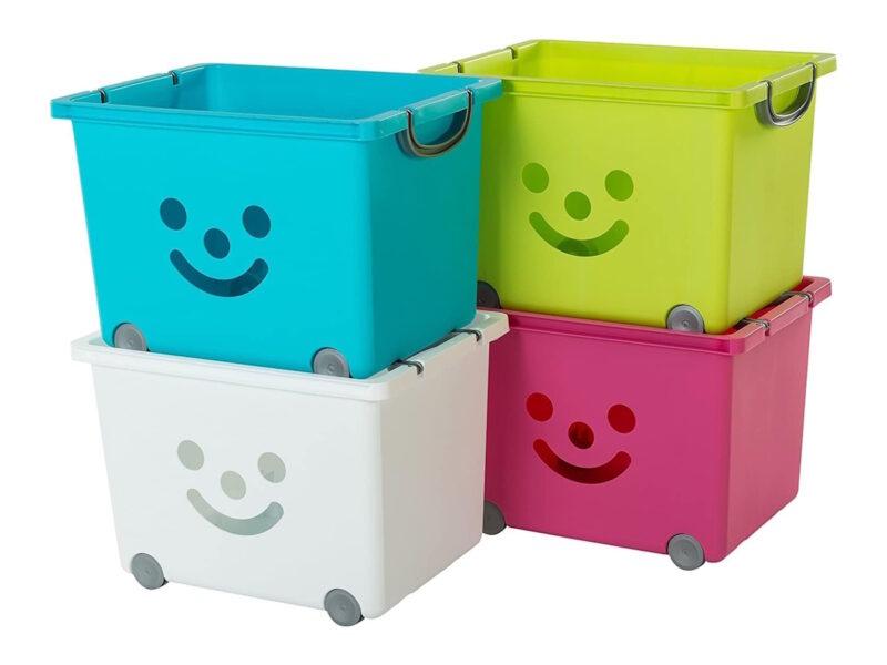 Coloured storage carts with smiley faces