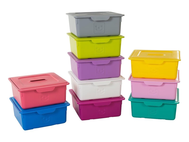 Multi-coloured stackable storage boxes with lids