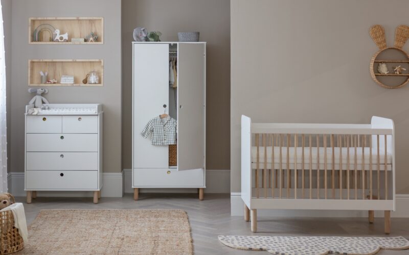 White/oak cotbed, dresser and 2-door wardrobe