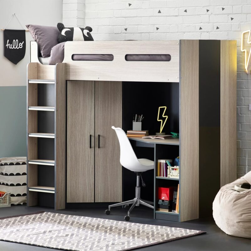 Natural and grey high sleeper with wardrobe and desk