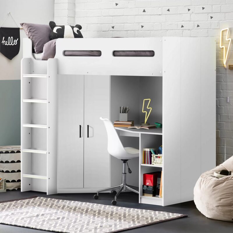 White high sleeper with desk and wardrobe