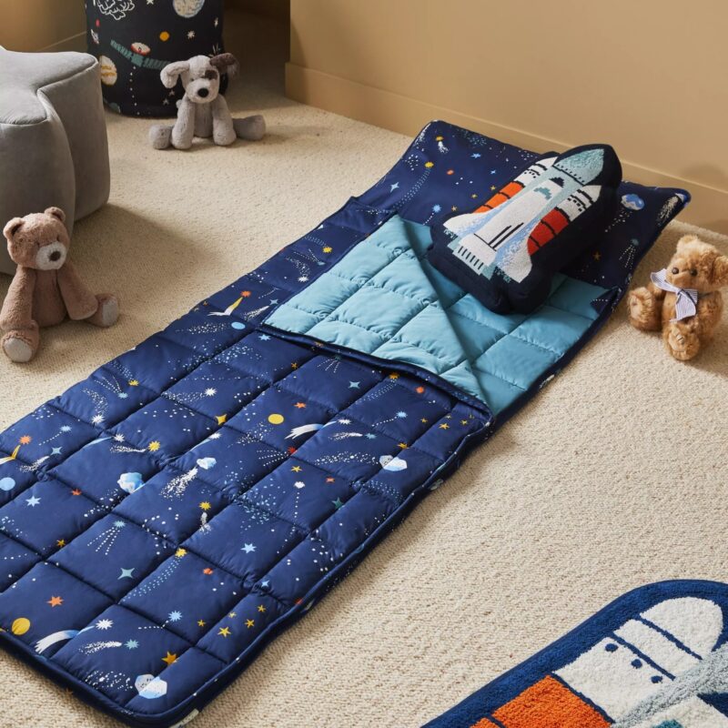 Navy space-theme kid's sleeping bag