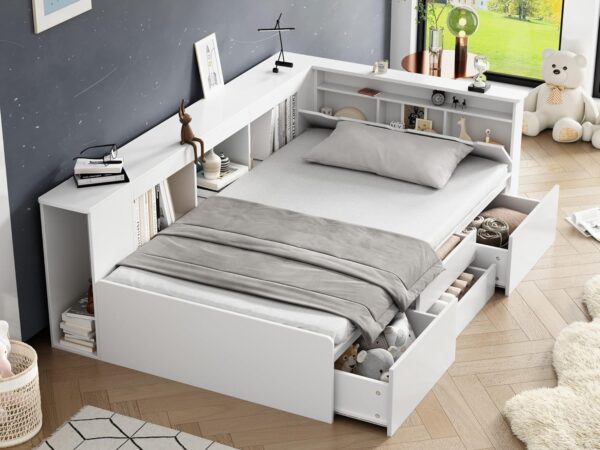 White single bed with built-in storage
